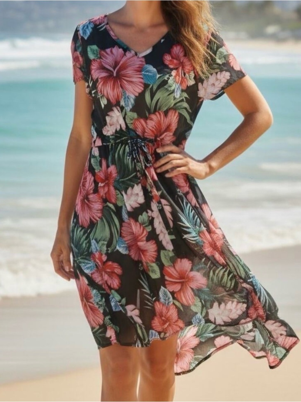 CUPSHE Floral Black Tropical Print Beach Cover-Up Dress w/ Tie Waist, Size L,NWT